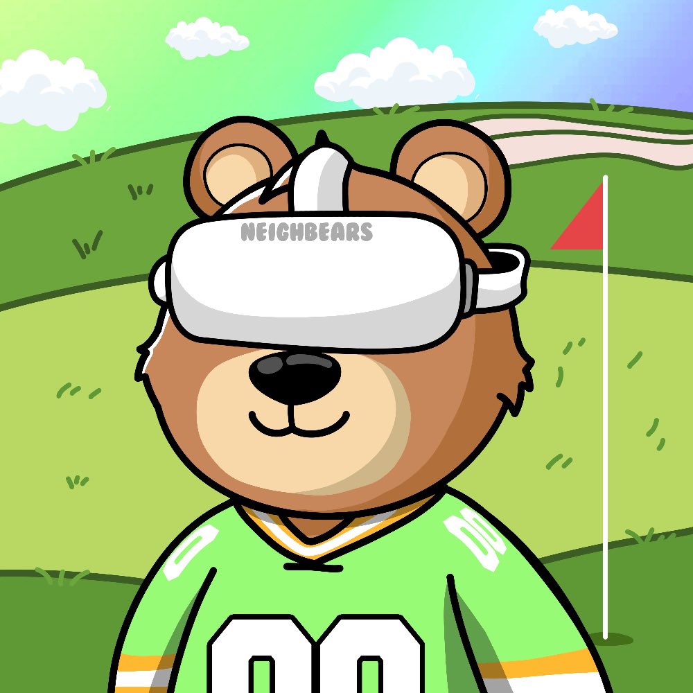 neighbears's tweet image. A short Neighbearhood story:

 “Hey let’s watch some American football today”
“Nooo, we should all head to the golf course! It’s a perfect day to go outside, we can catch the game replay later”
“Okay, I’ll come with”
*Brings VR to watch game anyway*
#NFTCommunity #NFT #nftart