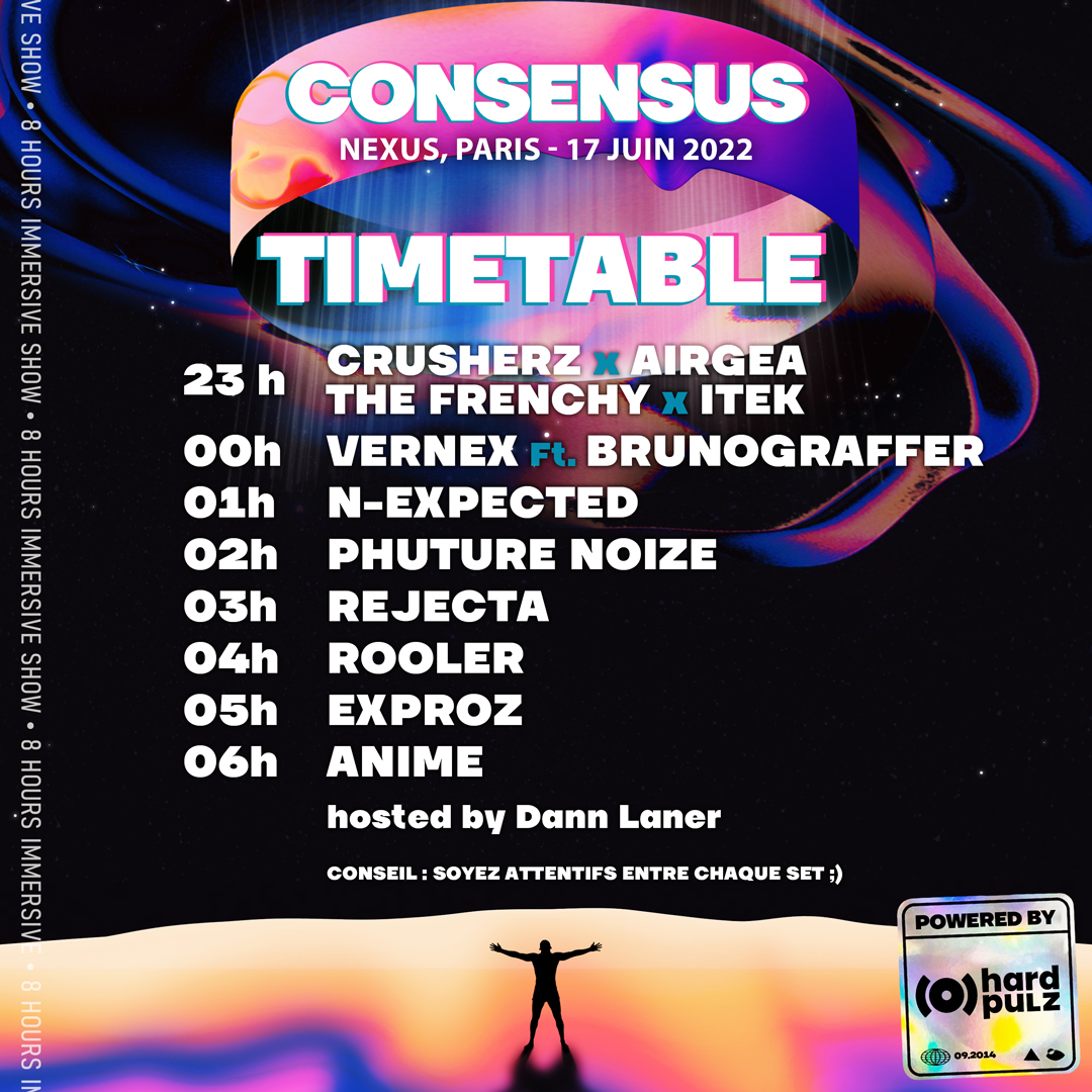 Hardpulz's tweet photo. Voici la timetable du Consensus ⏱️
Tickets : https://t.co/DrdeEYzCCd 📲
#Hardpulz #Hardstyle #France #Paris
RDV au Nexus à 23h 📌 https://t.co/OqbidHozBb