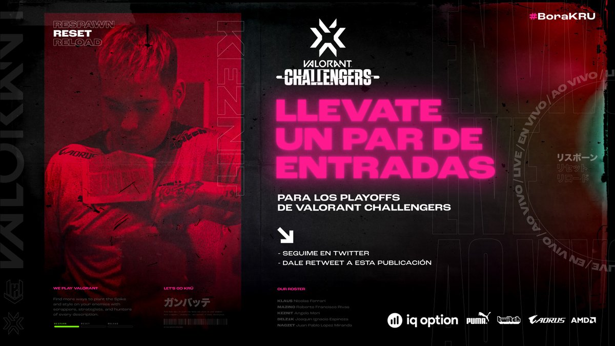 keznitdeuS's tweet photo. Tengo un par de entradas para los Playoffs de #VCTLatam en Argentina! Así pueden participar para salir sorteados:

✴️ Síganme en TW
🔁 Denle RT a este post
🗨️ Comenten con #BoraKRU https://t.co/atNqvnNS3G
