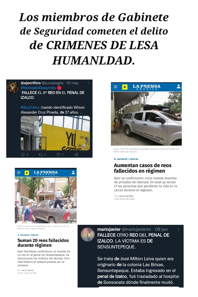 <a href="/nayibbukele/">Nayib Bukele</a> <a href="/Vi11atoro/">Gustavo Villatoro 🇸🇻</a> <a href="/Director_PNC/">Mauricio Arriaza Chicas 🇸🇻</a> <a href="/PenalesSV/">PenalesSV</a>

Se consideran CRÍMENES DE LESA HUMANIDAD, aquellos delitos especialmente atroces y de carácter inhumano, que forman parte de un ataque generalizado contra la población civil, COMETIDOS PARA APLICAR LAS POLÍTICAS DE UN GOBIERNO.