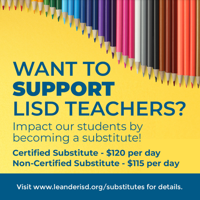 #1LISD #LISDCareers We are ALWAYS looking for GREAT People to be Substitute at Leander ISD. Choose your campus or work at multiple locations, work 5 days a month or as many as you want...We are Looking for YOU!!!