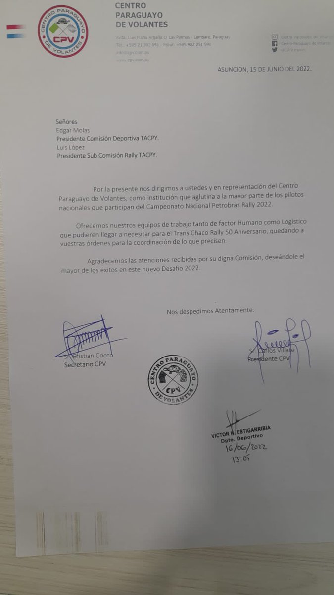 El Centro Paraguayo de Volantes se pone a disposicion de la Comision Deportiva de Rally (Tacpy) factor Humana y Logistico para colaborar en el Trans Chaco Rally 50 Aniversario.
<a href="/touringpy/">Touring y Automóvil Club Paraguayo</a> 
<a href="/rallypy/">Petrobras Rally Paraguay</a>