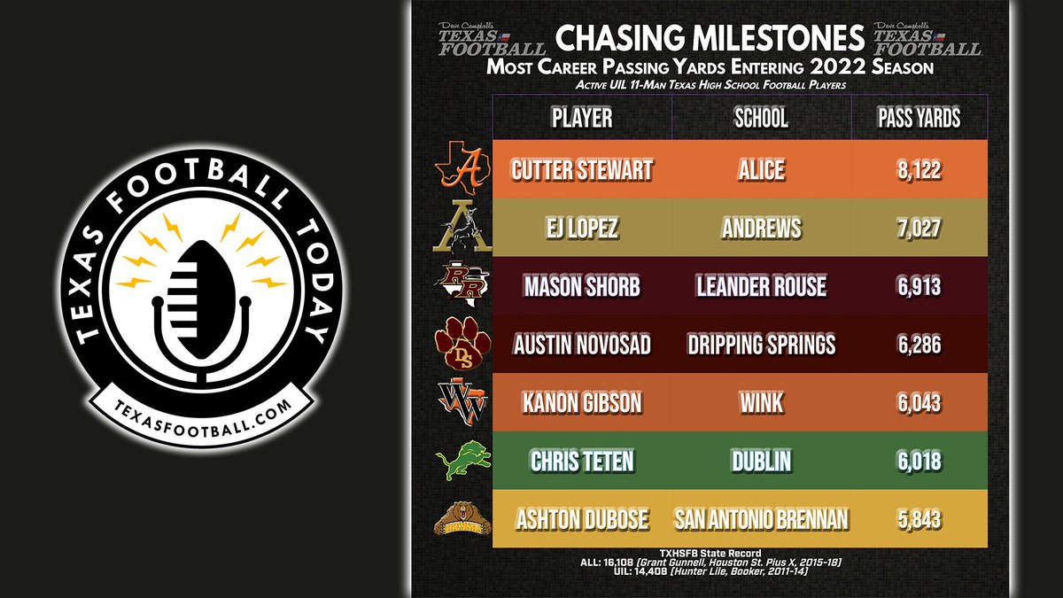 𝕮𝖍𝖆𝖘𝖎𝖓𝖌 𝕸𝖎𝖑𝖊𝖘𝖙𝖔𝖓𝖊𝖘

Most Career Passing Yards Entering 2022 Season | #dctf #txhsfb