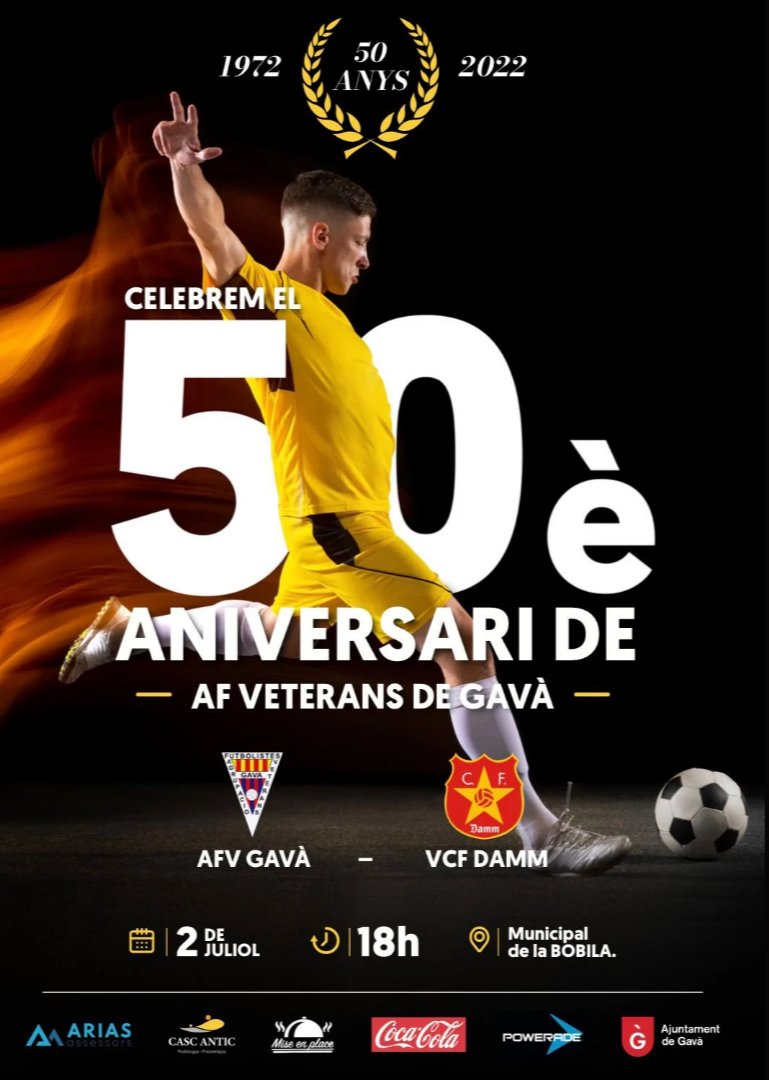AFVGav1's tweet photo. El 2 de juliol, a la Bòbila, seran els actes oficials del 50è Aniversari i jugarem un partit contra els Veterans del @CFDamm.
Us animem a que vingueu a celebrar-ho, especialment aquelles persones que han fet possible que poguem gaudir d'aquest dia tan important. Us esperem! https://t.co/5FBxPkk5Sl