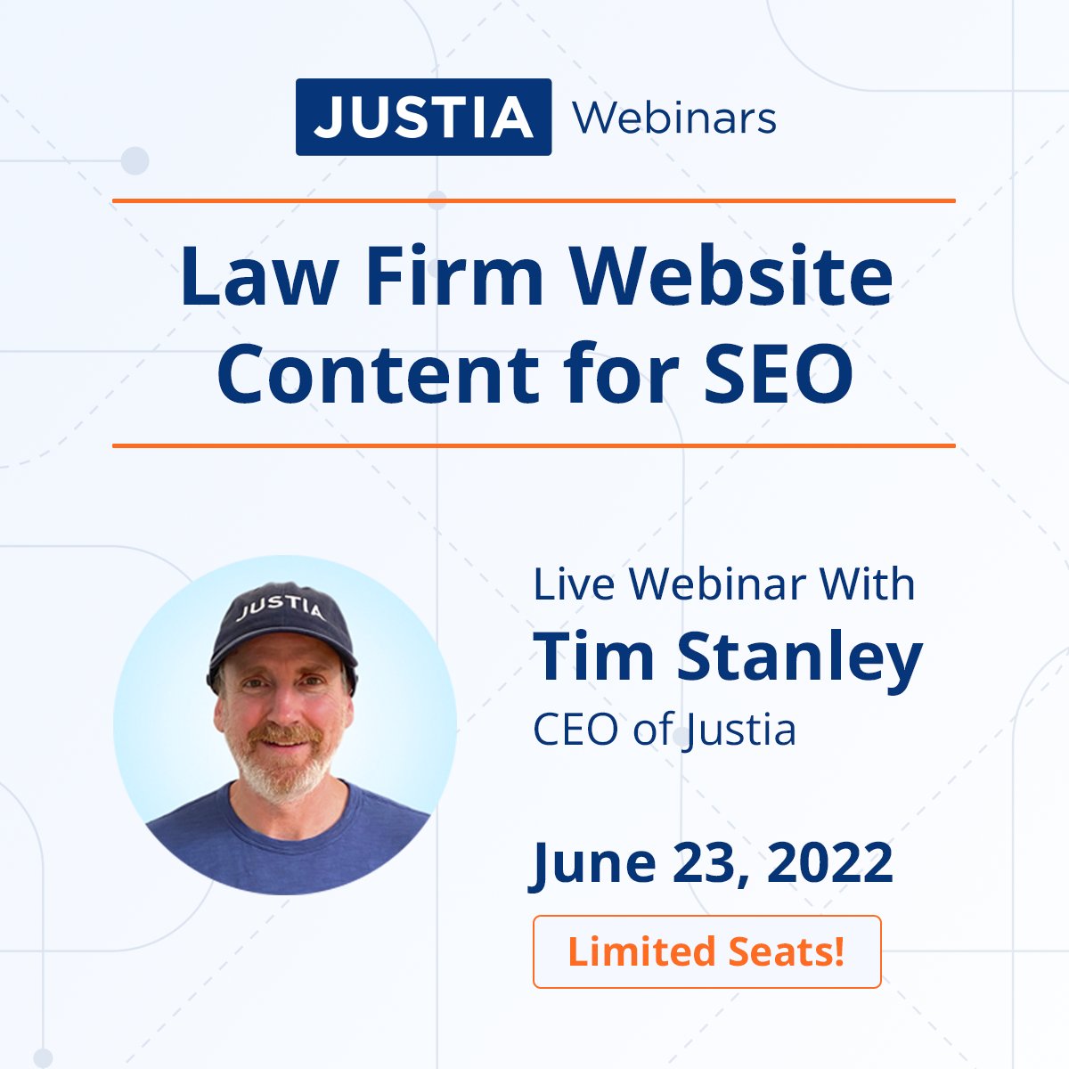 justiacom's tweet photo. Lawyers: 
You're invited to a free Justia Webinar presented by Justia Connect! Join our first webinar, SEO for Law Firm Websites: Intro to SEO &amp; Website Content, with Justia CEO and SEO expert Tim Stanley. 
Reserve Your Seat: https://t.co/2qoC1obCNb
#SEO #Lawyers #JustiaForAll https://t.co/yWN5j5rbNk