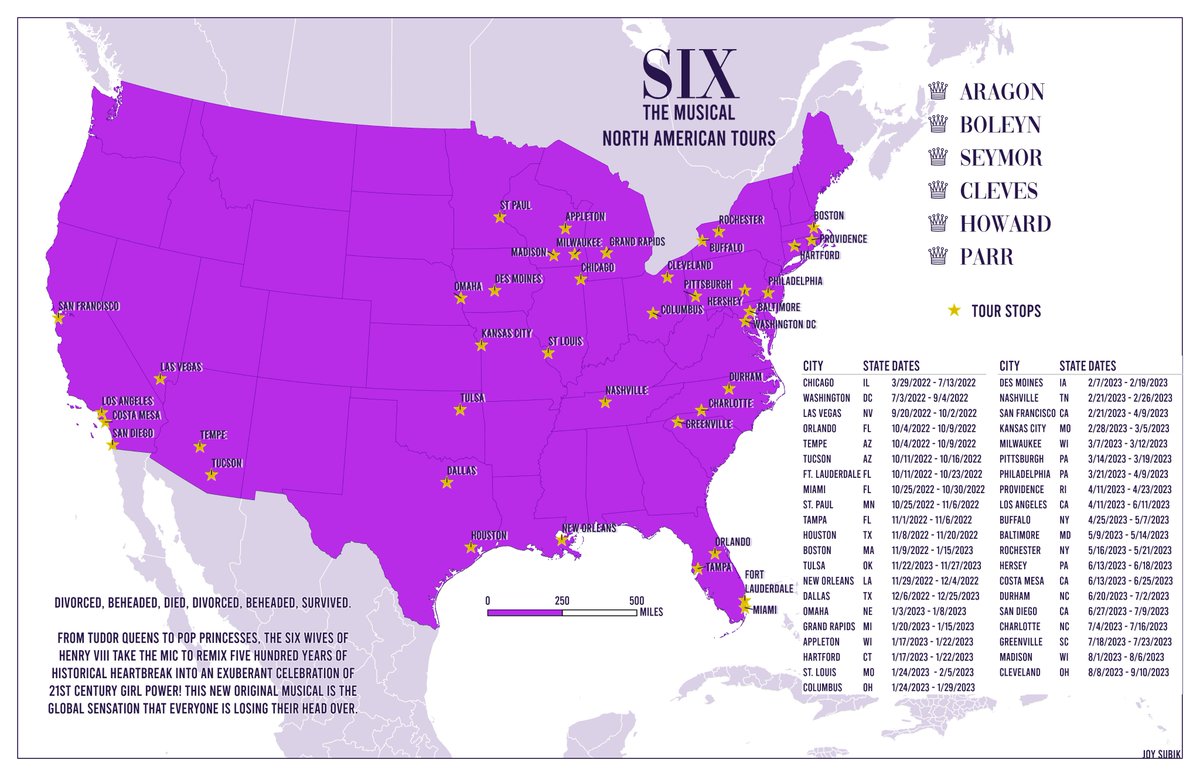 kkinsiderjoy's tweet photo. here's the final iteration of the @SIXUSTour map that i've been working on in my spare time hahaha

this has been such a pleasure to work on and to de-stress, so i'm def gonna miss it 🙃💜👑 @SixBroadway @sixthemusical https://t.co/x6SQXdveLi