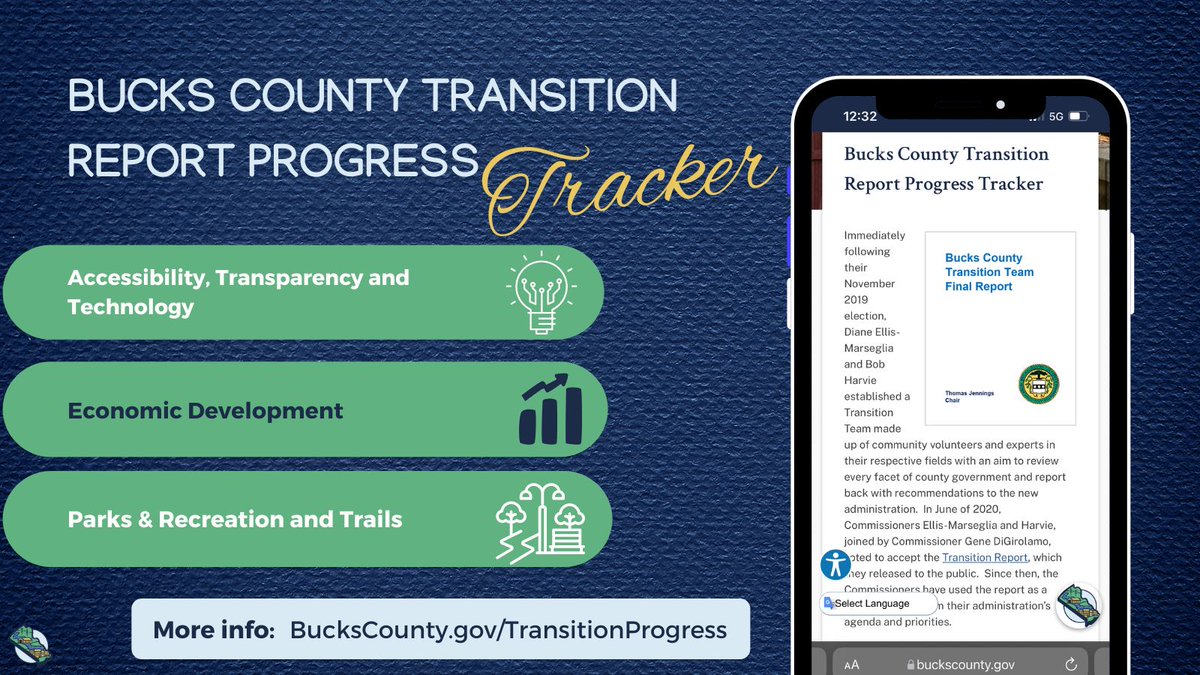 BucksCountyGovt's tweet photo. Two years ago today, the Bucks County Commissioners’ voted to accept a transition report put together by a team of community volunteers and experts, that would serve as a blueprint for the administration.

This week, a new, dynamic webpage was unveiled: https://t.co/MWx1bKMRMW https://t.co/qUjC0sU0Em