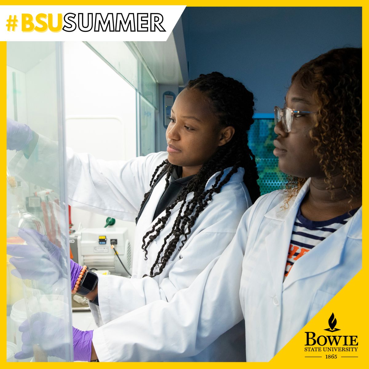 BowieState's tweet photo. #Research continues, even in the summer months, at BSU as Kamsi Nebo &amp; Ashley Moore work together in the chemistry lab on a project to improve antibiotic treatments for MRSA. #BSUSummer https://t.co/DnebjWYmim