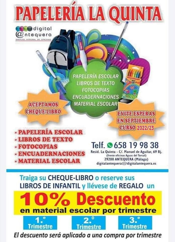 PAPELERIALAQUIN's tweet photo. 👉CURSO 2022/23 Este año @PAPELERIALAQUIN quiere obsequiar a sus clientes con un TARJETA DESCUENTO por la reserva d CHEQUE-LIBRO o LIBROS de Infantil con una TARJETA 💳 con un 10% d descuento en las compras d material escolar👉POR TRIMESTRE
#chequelibro #librosdetexto https://t.co/v4PnJ2zfFL
