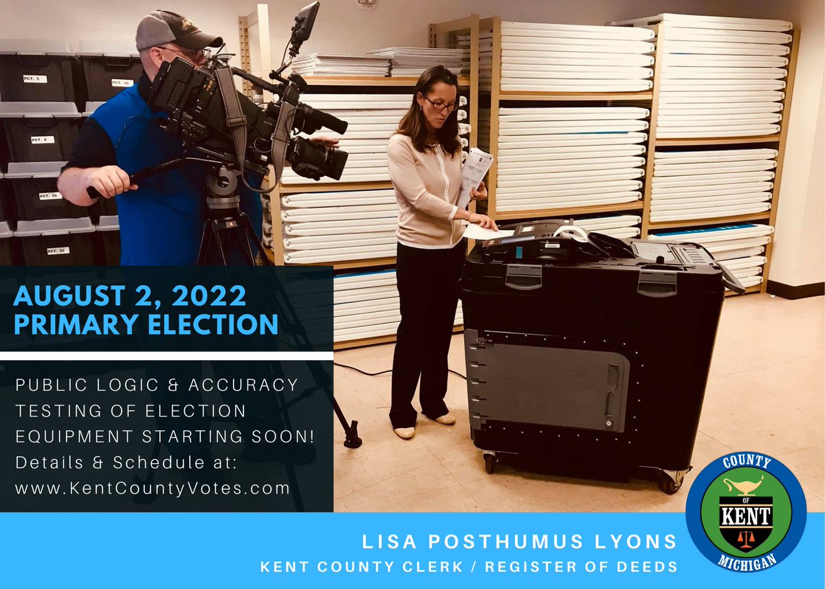 KentCountyClerk's tweet photo. Candidates, the public, and media are encouraged to attend Public Logic & Accuracy Testing of the equipment to be used in the August 2, 2022 Primary Election. Visit https://t.co/GUtlbaJ5qc for schedule and details! #KentCountyVotes https://t.co/bJ0BgB7Sq5