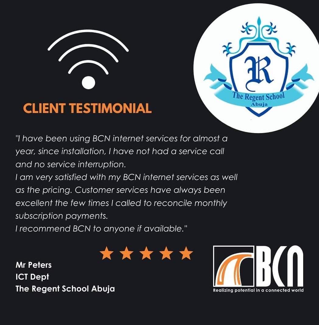 bcnnigeria's tweet photo. Our customer satisfaction rates are high for a reason. Subscribe to our services and find out why.

#FastInternetinAbuja #InternetandConnectivity #Fibretothehome #broadband #Internetforbusiness https://t.co/sfI2FjnDtC