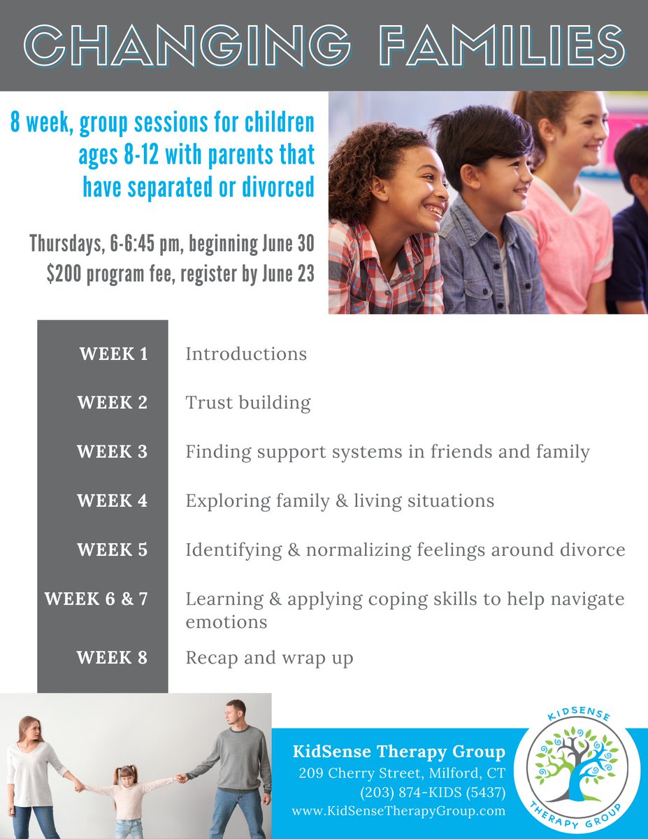 KidSense Milford is offering group centered sessions for children navigating separation or divorce.
An excellent opportunity for them to work out their feelings in a safe, supportive environment. 
Call today to sign up: 203-874-5437