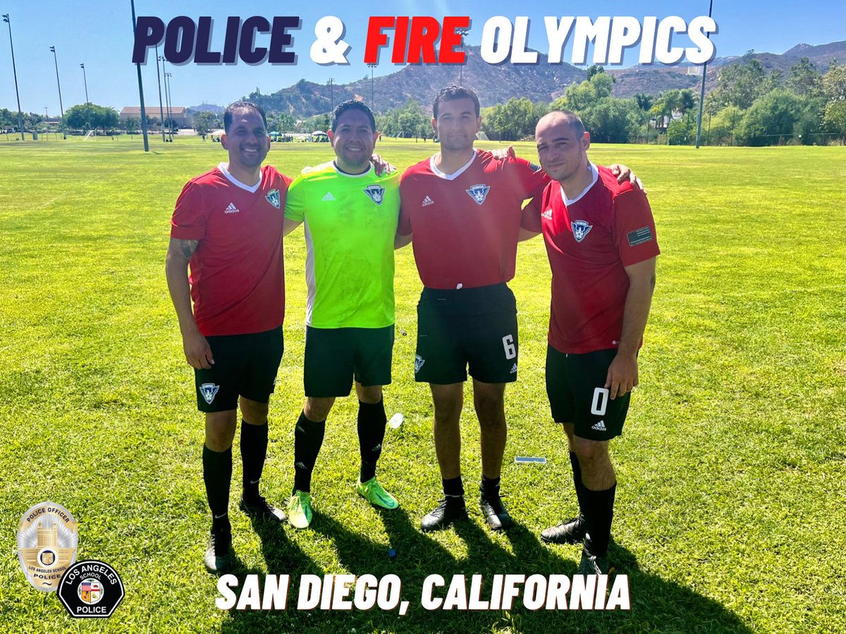 LASchoolPolice's tweet photo. Congrats to Officers Rodriguez, Landeros, Rayas &amp; Gyore for competing in this week’s Police &amp; Fire Olympics in San Diego, CA.

These soccer athletes represented the #LASPD on Team LA United with other law enforcement agencies. Job well done! 
⚽️💙🚨
#TeamLASPD #SanDiego #Soccer https://t.co/DVebbZhU2L