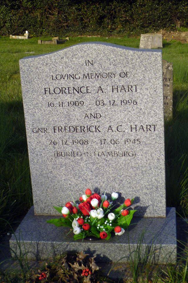 Remembering - Gunner F. A. C. Hart 63 Battery, 20 Lt. A.A. Regiment Royal Artillery who died from Pneumonia on the 17th June 1945.
Frederick is buried in Hamburg Cemetery and also remembered on Florence's headstone at St Paul's Church, Chippenham.
