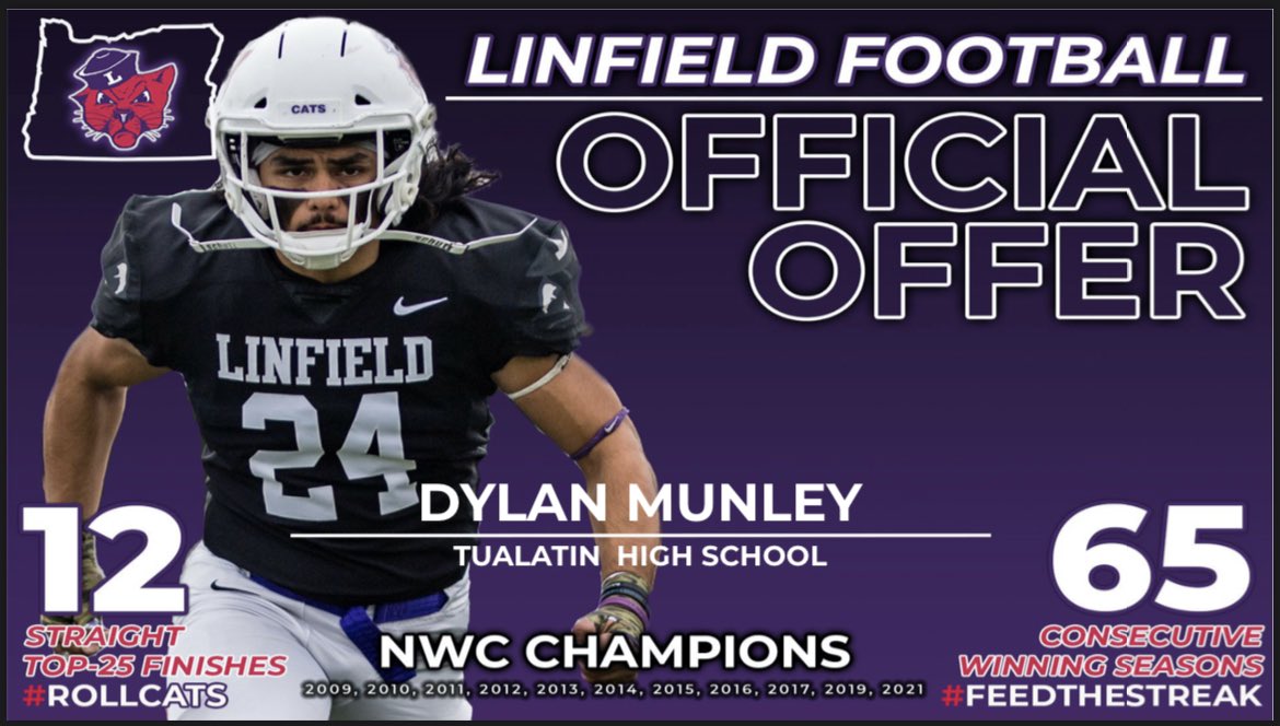 Grateful to have received my first offer from <a href="/CoachSmithCats/">Coach Joseph Smith</a> to play college football <a href="/LinfieldFB/">Linfield Football</a>! Thankful for the opportunity! <a href="/TualatinHSFB/">Tualatin Timberwolves Football</a> <a href="/teamlillard7on7/">Team Lillard Football</a>