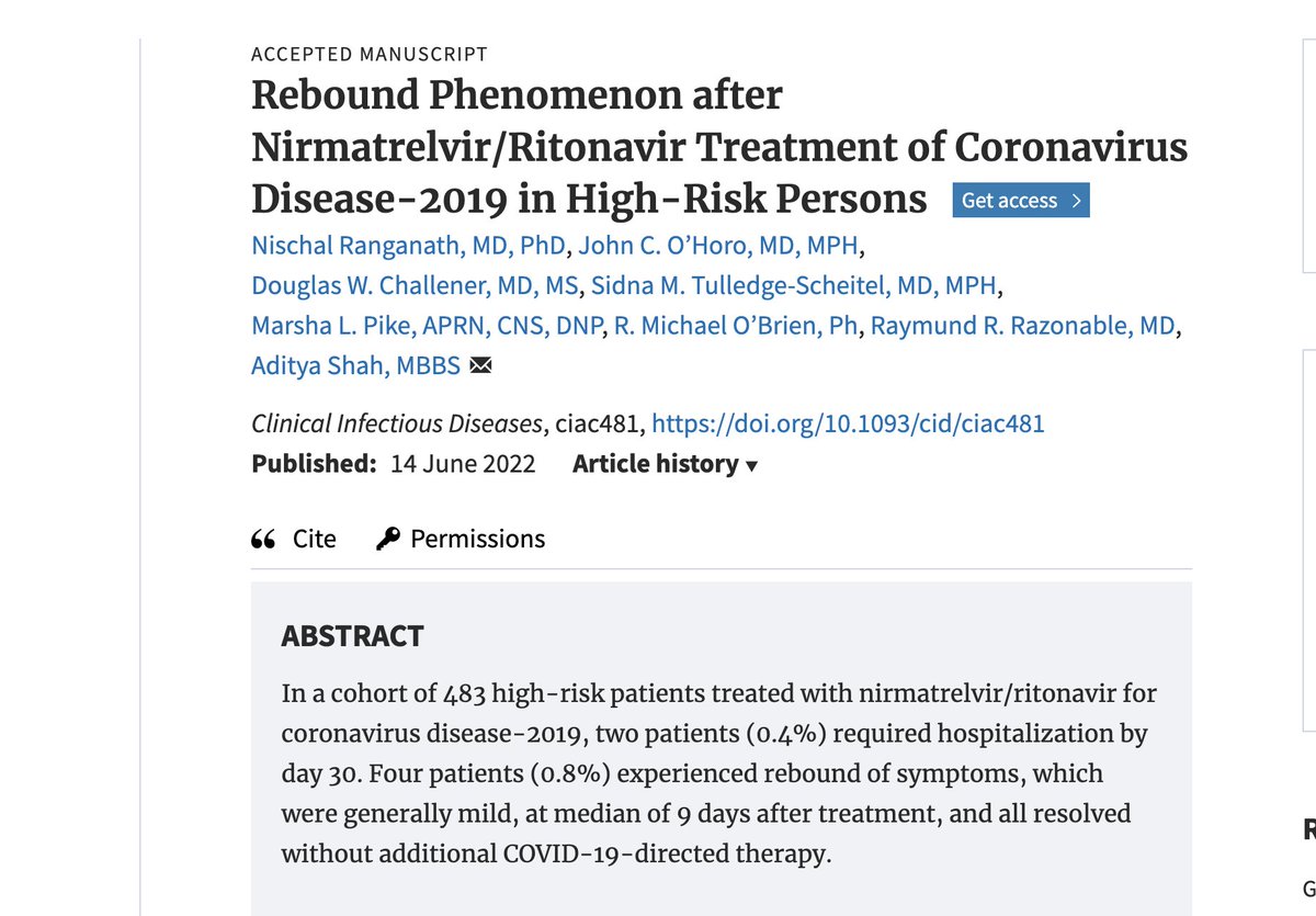 RealTimeCOVID19's tweet photo. NEW in @CIDJournal 
 
Rebound Phenomenon after #Paxlovid Treatment in High-Risk patients w #COVID19

- Four of 483 (0.8%) patients
- median time 9d from Rx
- all resolved w/o additional #COVID Rx
- Read👉 https://t.co/xiM0VSPVso

@MayoClinicINFD @RazonableMD @IDdocAdi @IDSAInfo https://t.co/EU6QQIS3BT