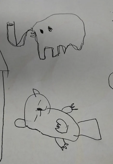 そんな次女が描いた象とラッコが可愛くてたまらんのだが。
いやー、いい線描いてくるなー。 