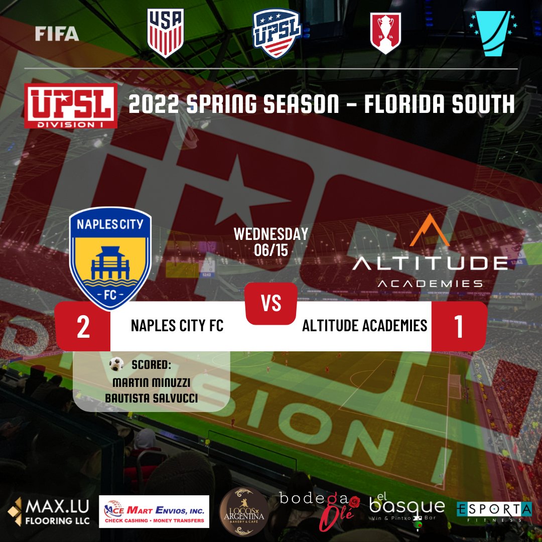 naplescityfc's tweet photo. UPSL Division 1
2022 SPRING SEASON - FLORIDA SOUTH
Wednesday 06/15 - Result:
Naples City FC 2 - 1 @ALTDacademies
@UPSLsoccer @UPSL_Florida
π΅βͺπ‘ #naplescityfc #naplesflorida β½ #soccer #upslflorida #upslsoccer #ussoccer https://t.co/FUQobJq1de