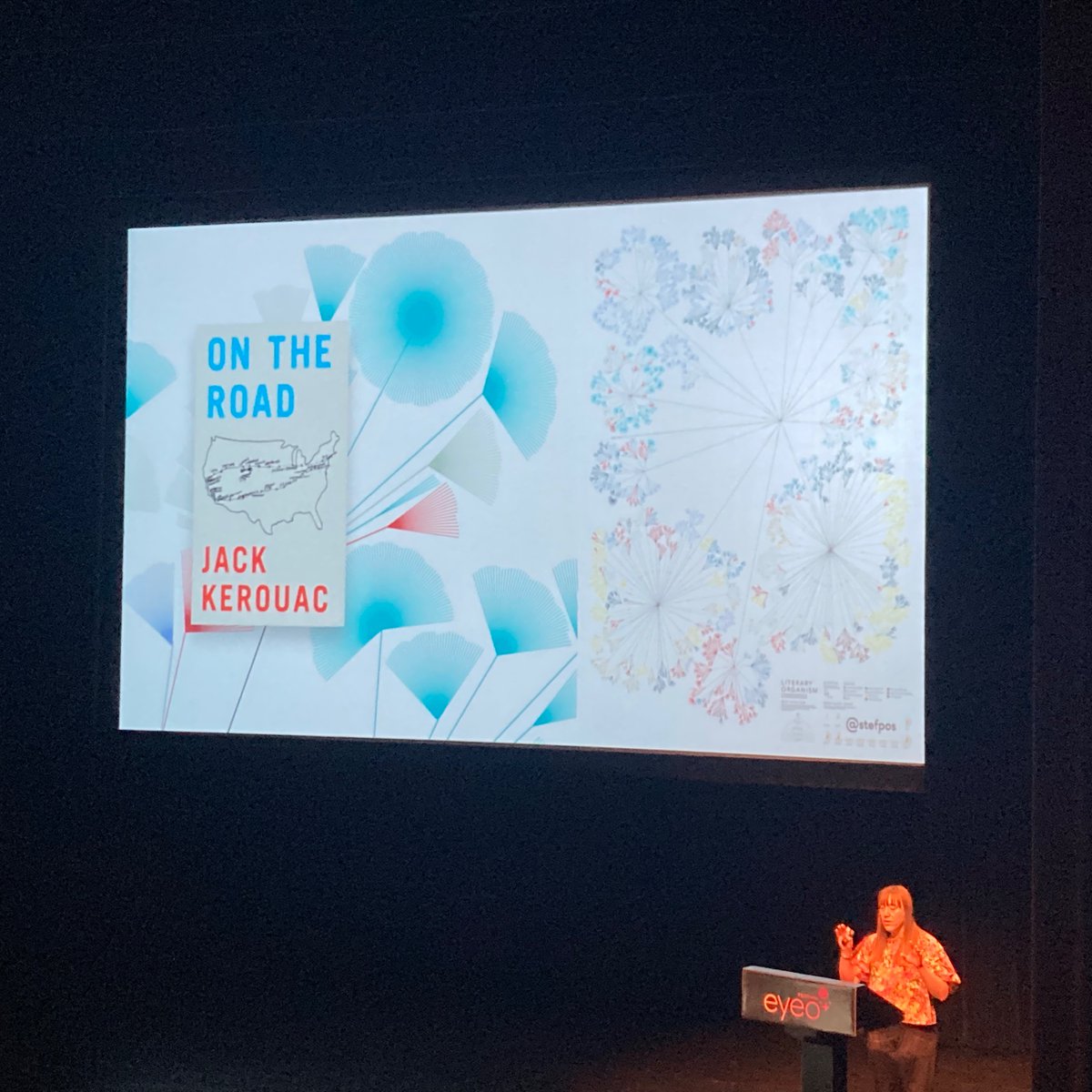 unthevert's tweet photo. Amazing to see @stefpos speaking about her visualization of On the Road at #eyeo2022. Seeing this work years ago inspired my journey into collaborative creation, my masters thesis, and tentative at the time steps into data viz that I’ve finally turned into a plunge! https://t.co/i7k8drz7NT