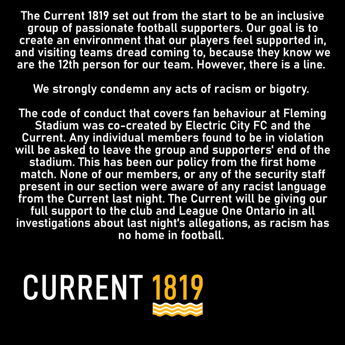 We outright condemn any acts of racism. We will be working alongside <a href="/ElectricCityFC/">Electric City Football Club</a>, <a href="/RoversFC_L1O/">Simcoe County Rovers FC</a> and <a href="/L1OWomens/">League1 Ontario, Women’s Division 🇨🇦</a> with their investigation.

Racism has no home in football.