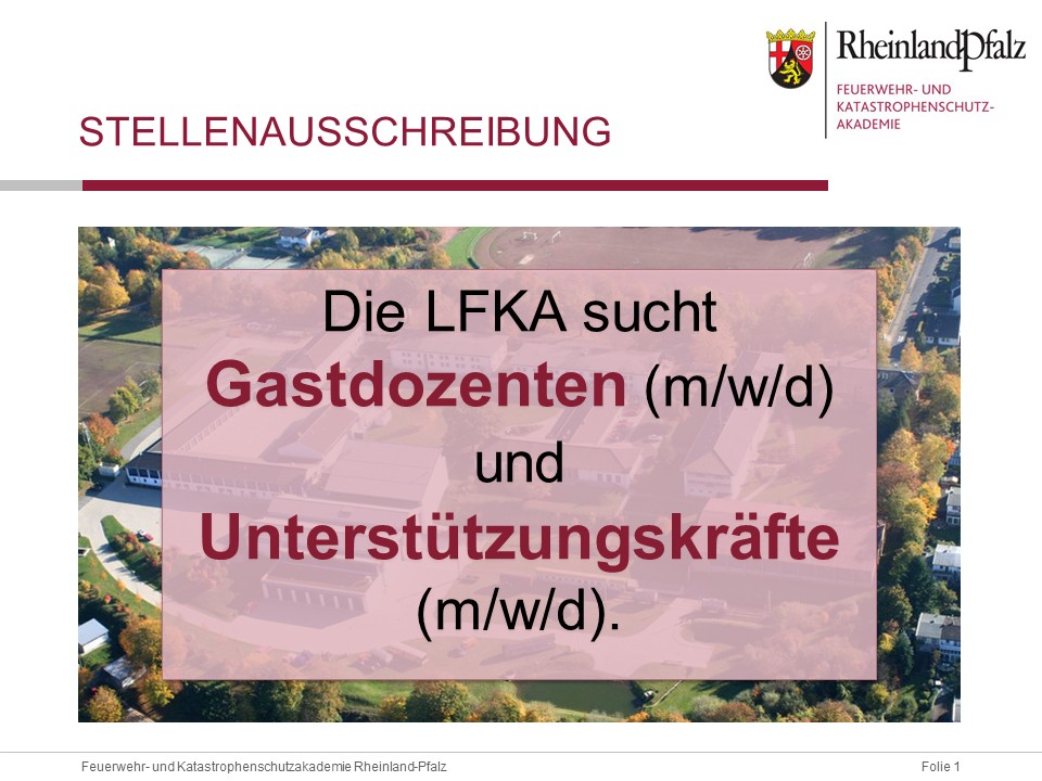LFKA_RLP's tweet photo. Die #LFKA sucht mehrere Gastdozenten (m/w/d) und Unterstützungskräfte (m/w/d). 
Weitere Informationen unter: https://t.co/TmH4piMq7W

#immerda
#rlp #Feuerwehr #Katastrophenschutz #Stellenausschreibung https://t.co/FpyLHuE1Yo