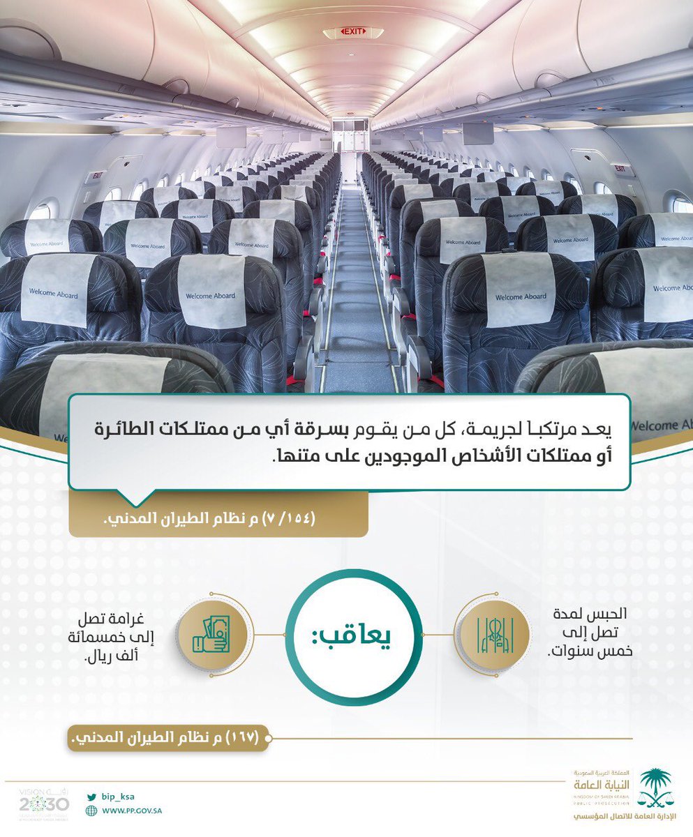 makkahregion's tweet photo. #النيابة_العامة
يُعاقب كل من يقوم بسرقة أي من ممتلكات الطائرة أو ممتلكات الأشخاص الموجودين على متنها بـ :
•الحبس لمدة تصل إلى 5 سنوات
•غرامة تصل إلى 500 ألف ريال https://t.co/bGEyOyDGoy
