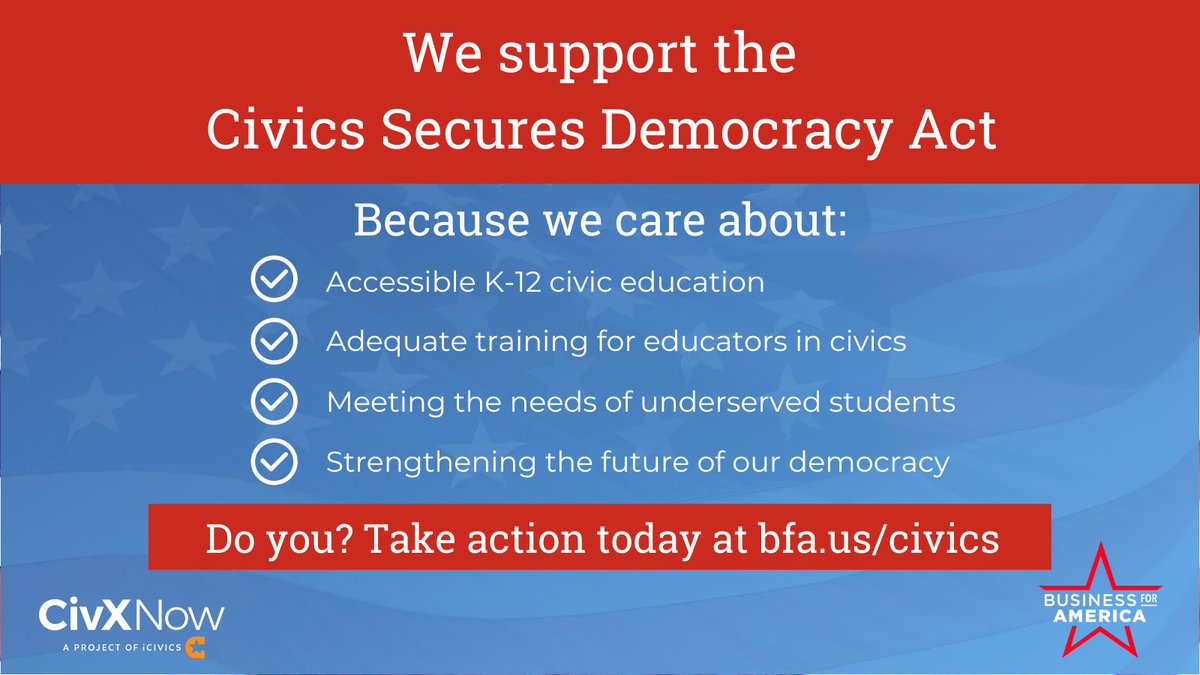 The need for K-12 civic education is urgent. Championing legislation like the bipartisan #CivicsSecuresDemocracyAct is more important than ever. Learn how fellow businesses are supporting by signing our letter to Congress. <a href="/CivXNow/">CivxNow</a> Our press release: 

ow.ly/aTO550JzAgi