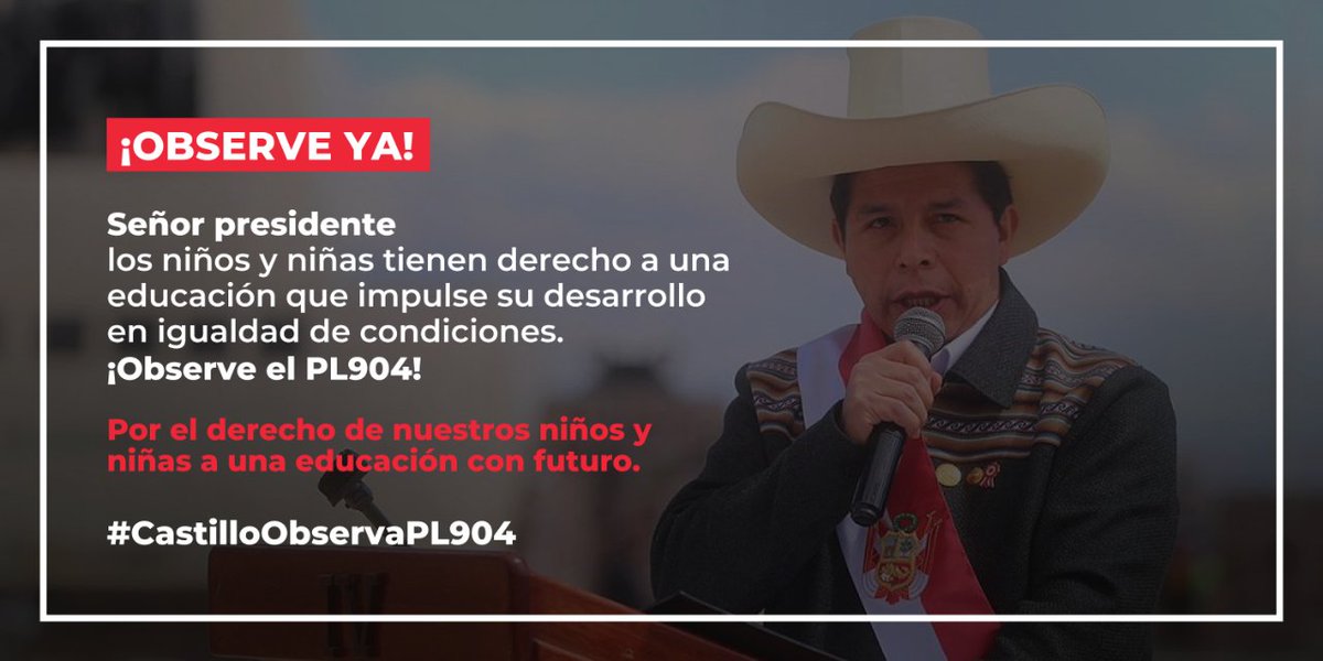 promsex's tweet photo. #CastilloObservaPL904 | Presidente @PedroCastilloTe, HOY vence el plazo par observar el Proyecto de Ley 904. No ponga en riesgo el desarrollo integral de niños, niñas y adolescentes al querer eliminar el enfoque de género de la Currícula Escolar.
#NOalPL904 https://t.co/Ip4Nn8IeHi