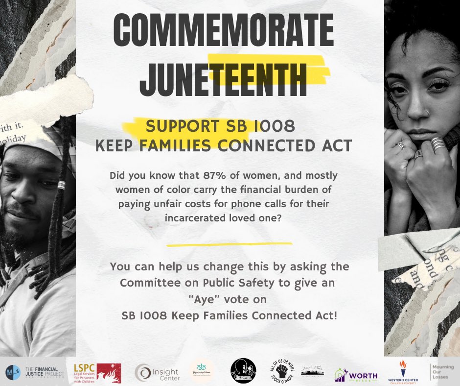 EmpoweringIi's tweet photo. This Juneteenth, we celebrate freedom. But if mass incarceration is the New Jim Crow, then the high-cost of phone calls from jails/prisons are the shackles. Phone calls from jails/prisons should be free.
 
This Juneteenth, we need to pass #SB1008 and #KeepFamiliesConnected. https://t.co/Ez2mF0Ie2r