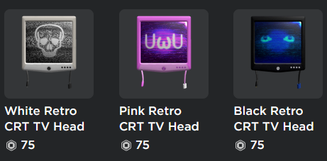 0Luka07's tweet photo. Got a mini wave of 3 retro monitor heads with different aesthetics, enjoy!
---
Purchase link -> https://t.co/gb3N0kzq00
Likes and RTs appreciated, thank you!
---
#Roblox #RobloxUGC #UGCConcept #RobloxDev @Roblox @robloxdevrel #dynablocks https://t.co/rG3cbRw9UF