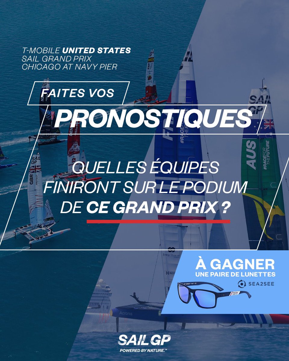 SailGPFRA's tweet photo. CONCOURS #Sea2See x SailGPFRA 😎
Quelles équipes finiront sur le podium ce week-end ? Nous faisons gagner une paire de lunettes @sea2see_eyewear aux couleurs de l’équipe #SailGPFRA 🇫🇷
Pour participer 👉 https://t.co/Z2dTrWxRdi
#RacefortheFuture #SailGP https://t.co/JC6ft9RhTd