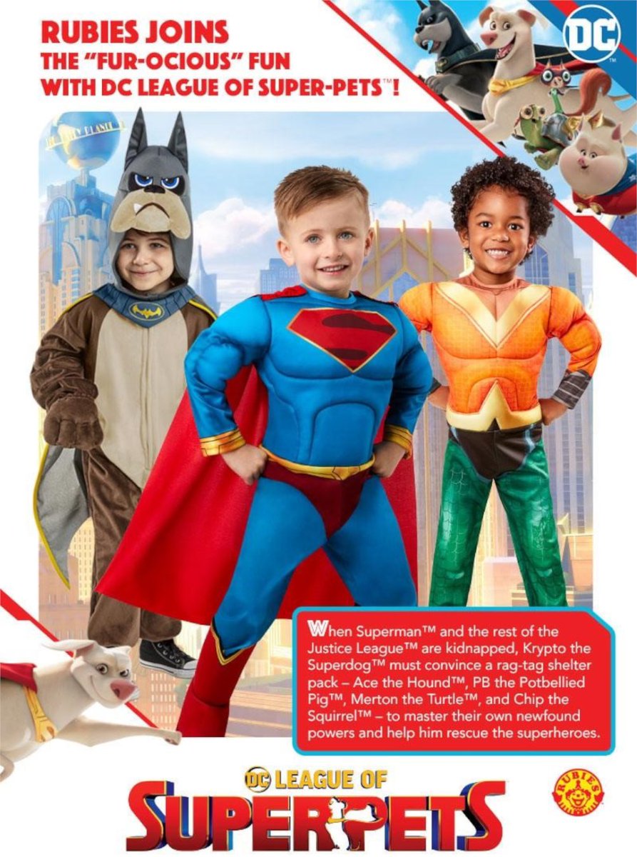 We're excited to announce our “fur-ocious” costumes for the DC League of Super-Pets! The collection can be found at rubies.com/product-catego….  See the movie in theaters on July 29th and find our products this Halloween in a store near you!

#DCSuperPets
#RubiesCostumes
