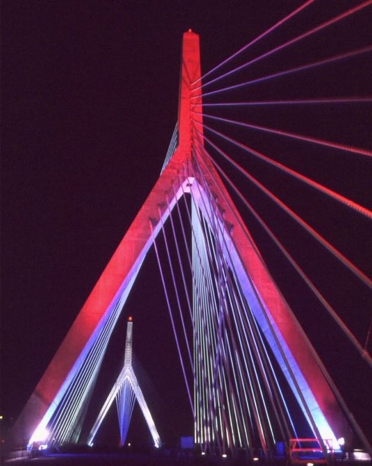 Tonight the #ZakimBridge #LongfellowBridge #ForeRiverBridge and #BurnsBridge will light red, white, and blue for the Start of US Open . <a href="/usopengolf/">U.S. Open</a>
