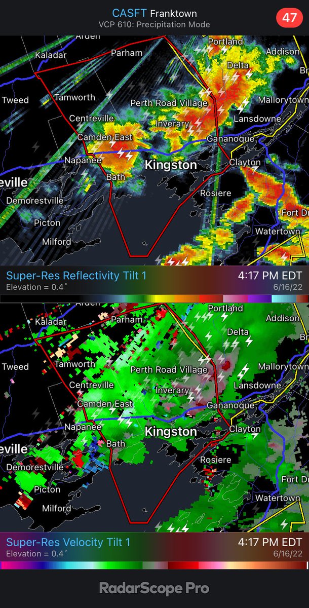 VortixWx's tweet photo. A tornado warning has been issued for Centreville, Inverary, &amp; Kingston, #Ontario. Please take cover quickly. #ONStorm #TORNADOWARNING https://t.co/maSZe5Xcf5
