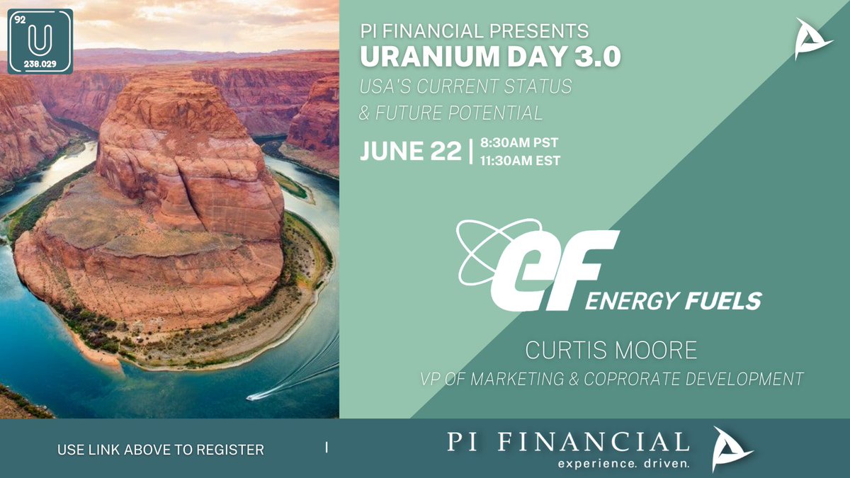 PIFinancialCorp's tweet photo. To Uranium… &amp; Beyond!! @Energy_Fuels' VP of Marketing &amp; Corporate Development, Curtis Moore, is speaking June 22 on how the company excels at being the leading #US producer of #uranium &amp; also #vanadium! Register to attend Uranium Day 3.0!! https://t.co/uoXY6NfTwk 
$UUUU $EFR https://t.co/4f2Ch8uoC8