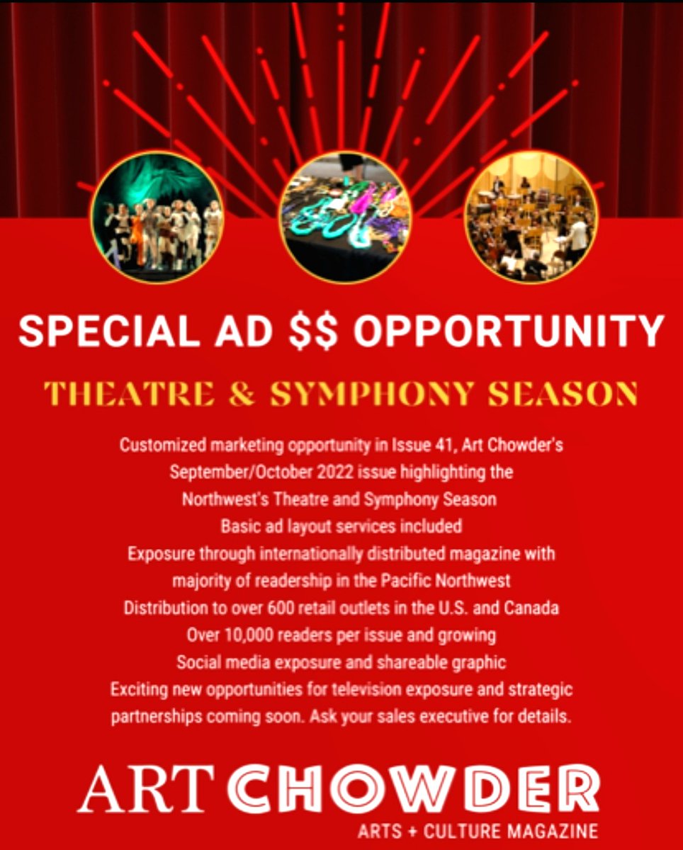 ArtChowder's tweet photo. We are putting our Sept/Oct issue of our Magazine together (ad deadline is July 1st). This issue will highlight the Northwest's Theatre &amp; Symphony season! Consider advertising on our glossy pages. Contact Mitch to get more information, and our media kit: mitch@artchowder.com https://t.co/EuYyP8yCbA
