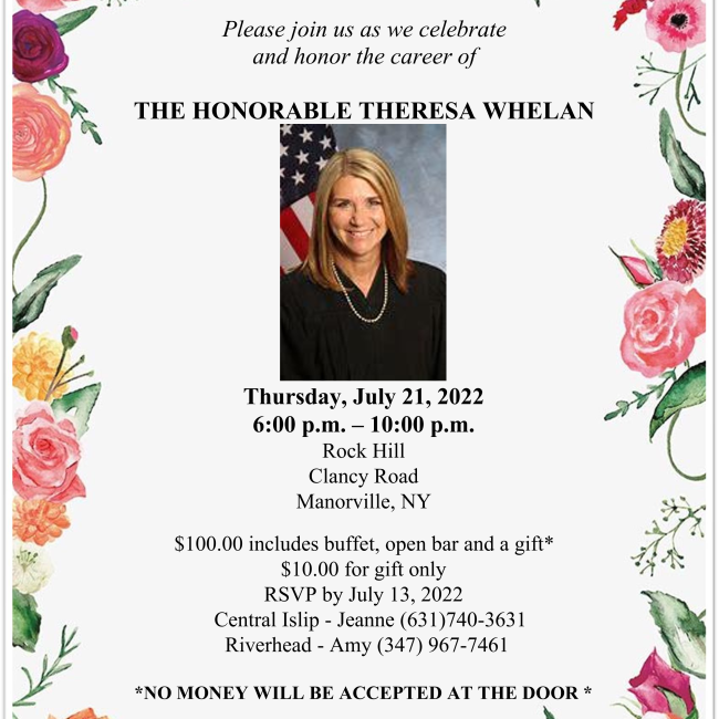 SCWBA_LI's tweet photo. 👏💐Congratulations to Hon. Theresa Whelan... Happy Retirement! ⛴🏌️‍♀️⛹️‍♀️🏖
Join Us July 21st to Celebrate! *Details Enclosed*

https://t.co/1uKLWgJwUM https://t.co/zLlcYxr6VO