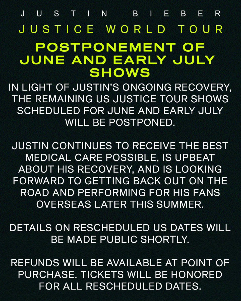 Bieber Fever (@bieberfever) on Twitter photo With a heavy heart, it saddens us to make this announcement about the #justicetour. We are sending you lots of love and prayers for a speedy recovery🤍 we are always here cheering you on <a href="/justinbieber/">Justin Bieber</a> With a heavy heart, it saddens us to make this announcement about the #justicetour. We are sending you lots of love and prayers for a speedy recovery🤍 we are always here cheering you on <a href="/justinbieber/">Justin Bieber</a>