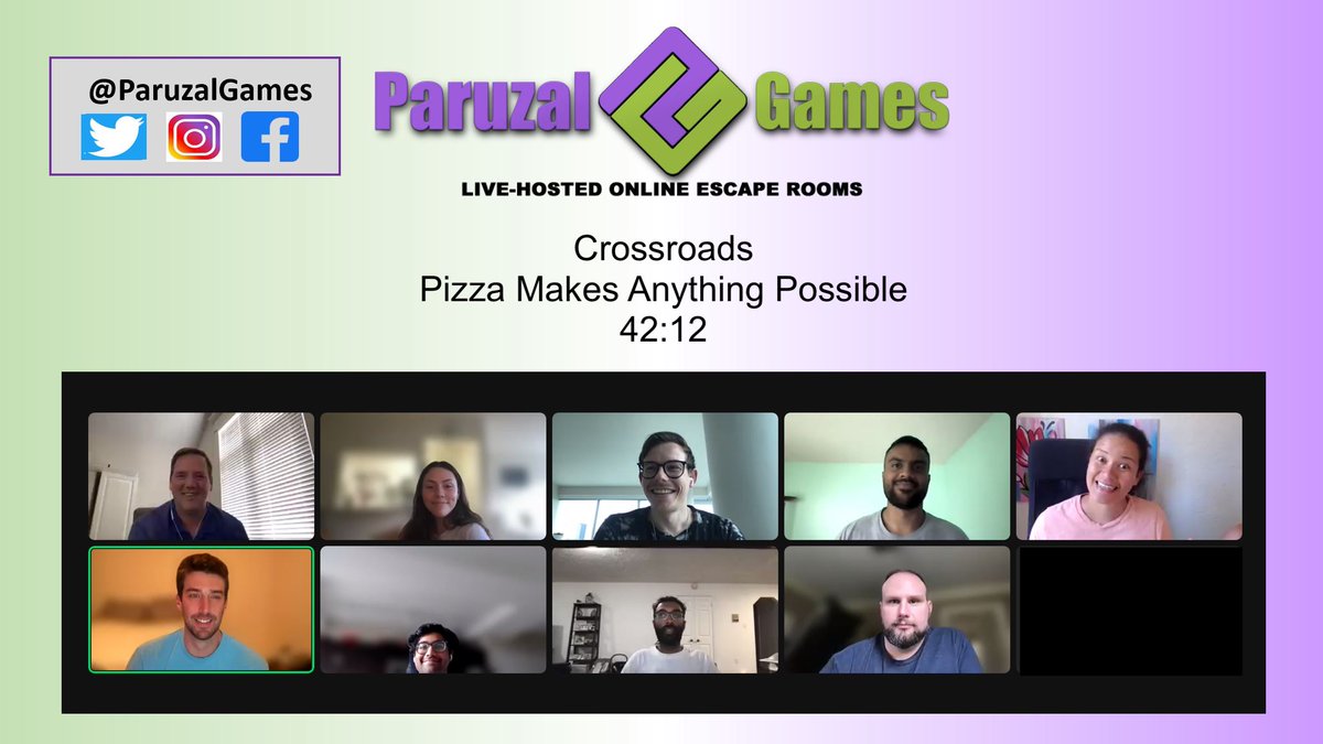 We have a new #3 on the no-hint leaderboard for "Pizza Makes Anything Possible." Way to go, Crossroads!
#EscapeRoom
#EscapeGame
#FamilyFun
#TeamWorkFromHome
#PlayAtHome
#RemoteDateNight
#DifferentEntertainment
#ParuzalGames