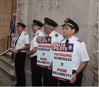 Delta_Pilots's tweet photo. When @Delta executives arrived @Delta shareholders meeting, they came face-to-face with dozens of @Delta_pilots demanding the airline match number of flights with current staffing. #ALPA #DeltaPilots #Delta https://t.co/E8r1URGWNZ