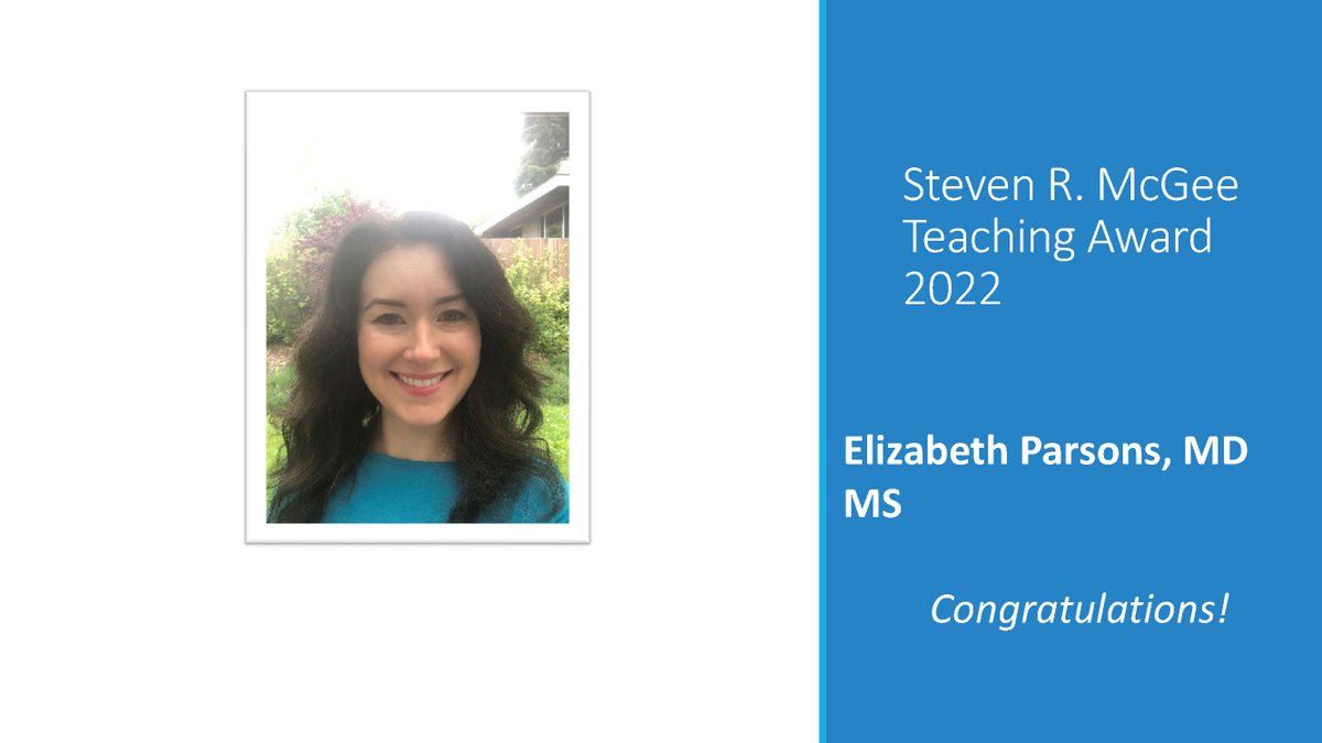 Congratulations to Dr. Elizabeth Parsons, Associate Professor UW PCCSM Division, recipient of the 2022 Steven R. McGee Teaching Award at VA Puget Sound, in recognition of your teaching excellence, outstanding clinical skills and track record of scholarship!! @uwpccm @UWMedicine