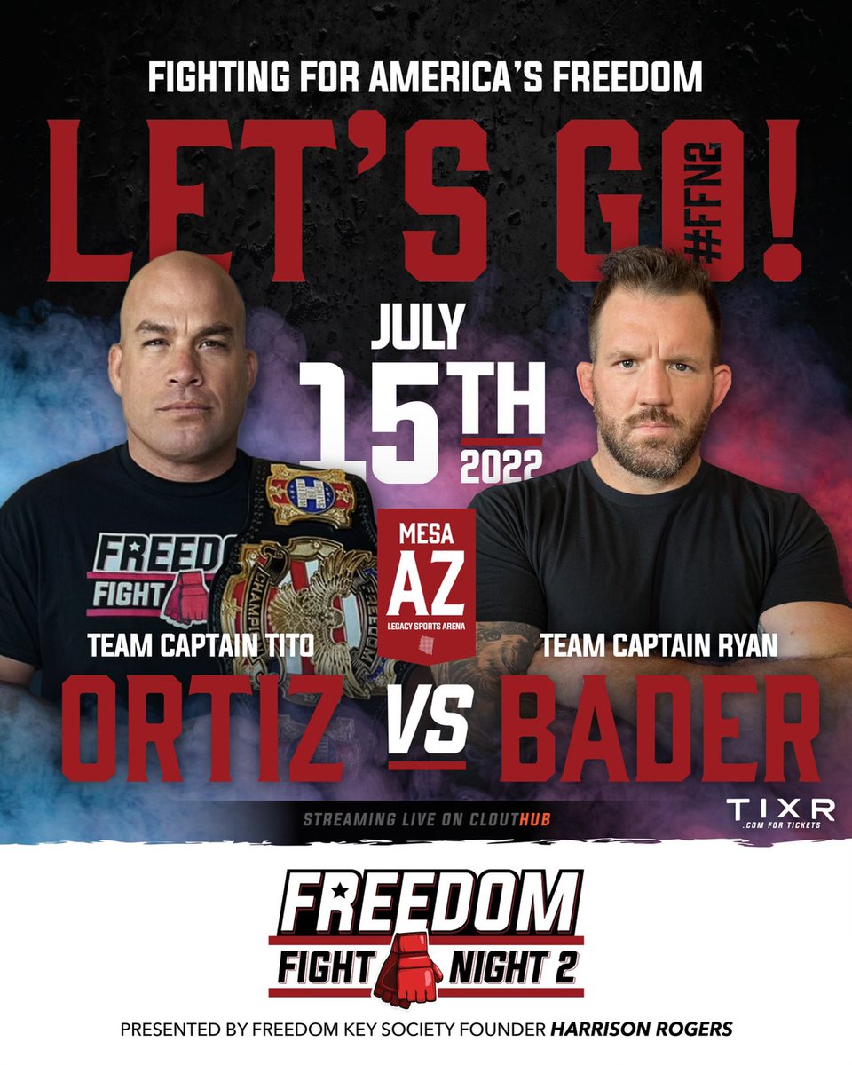 FreedomFightLg's tweet photo. FIGHTING FOR AMERICA’S FREEDOM. 

🗓: July 15th, 2022

Team Tito VS. Team Bader

Streaming LIVE on CloutHub! 🇺🇸 https://t.co/SeFXeQdbKG