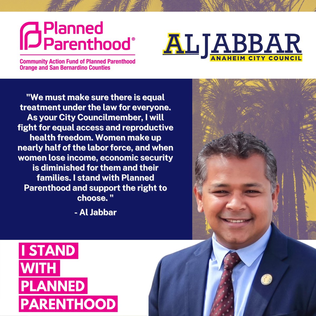 JoinAlJabbar's tweet photo. I am honored to have earned the support of the @ActPPOSBC As a City Councilmember, I will fight for equal access &amp; reproductive health freedom. The right to choose connects to economic security for women &amp; their families. I'm proud to #standwithPlannedParenthood https://t.co/rKf4pkXfSj