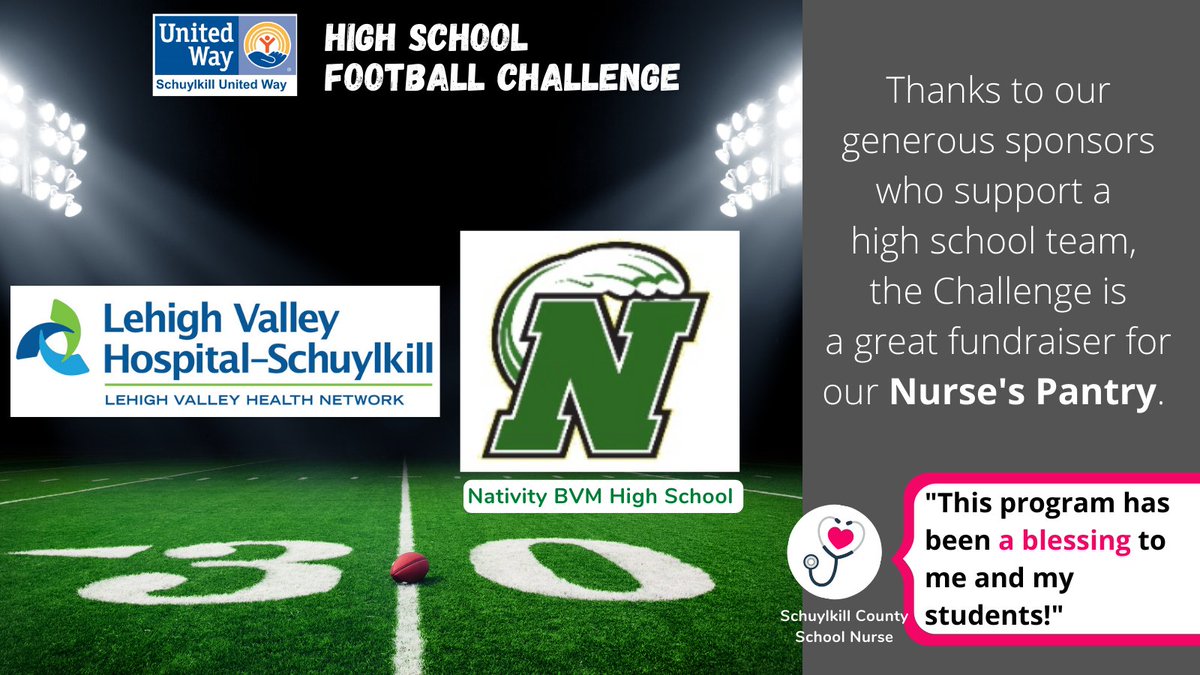 SchuylkillUnitedWay (@schunitedway) on Twitter photo Thank you <a href="/LVHN/">Lehigh Valley Health Network</a> for sponsoring the <a href="/nbvmathletics/">Nativity Athletics</a>
in this year's High School Football Challenge!!
👋
See everyone June 21 at <a href="/NorthSchuylkill/">North Schuylkill SD</a> Ghosh Orthodontics Field at Spartan Stadium.
Competitions begin at 5pm.
schuylkillunitedway.org/high-school-fo…
#suwfootballchallenge Thank you <a href="/LVHN/">Lehigh Valley Health Network</a> for sponsoring the <a href="/nbvmathletics/">Nativity Athletics</a>
in this year's High School Football Challenge!!
👋
See everyone June 21 at <a href="/NorthSchuylkill/">North Schuylkill SD</a> Ghosh Orthodontics Field at Spartan Stadium.
Competitions begin at 5pm.
schuylkillunitedway.org/high-school-fo…
#suwfootballchallenge