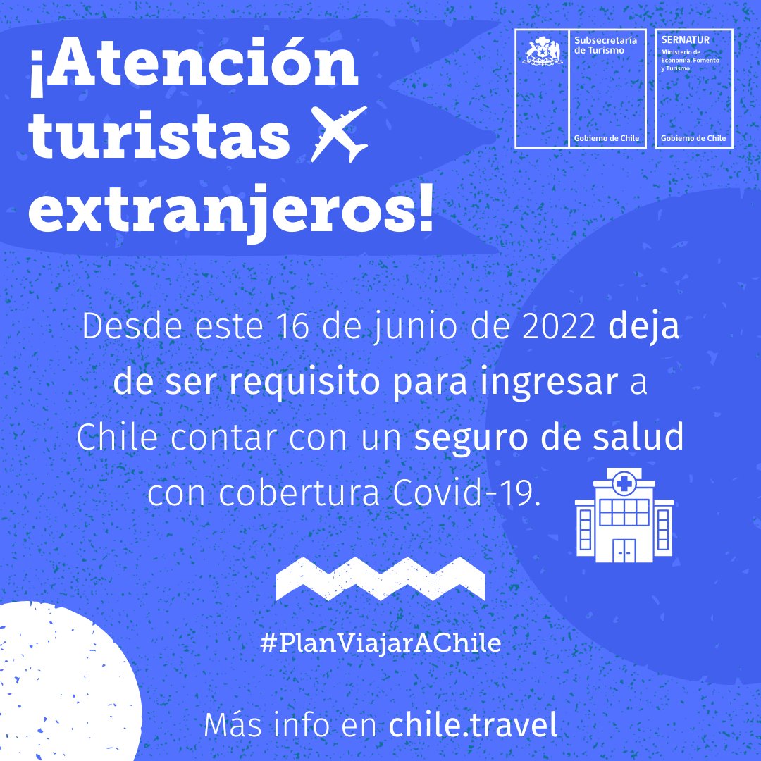 💪🏼🇨🇱 Pensando en la reactivación del sector turístico, el <a href="/GobiernodeChile/">Gobierno de Chile</a> eliminó la obligatoriedad del seguro médico para el ingreso de extranjeros no residentes a nuestro país. 📋 Un requisito menos para venir a #Chile e incentivar así el #TurismoReceptivo 🎒 #Turismo.