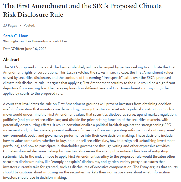 shaan_haan's tweet photo. New from me: "The First Amendment and the SEC's Proposed Climate Risk Disclosure Rule"
Why courts should exercise caution in imposing on markets their normative views about what constitutes "real" securities disclosure. #SecReg #CorpGov
https://t.co/xcgtl0Pq0S https://t.co/dN4D0gmVan