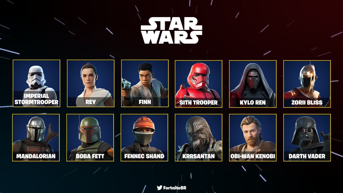 FortniteBR's tweet photo. There's now 12 Star Wars Outfits in #Fortnite. Which one is your favourite? https://t.co/N2IoQtDs5l