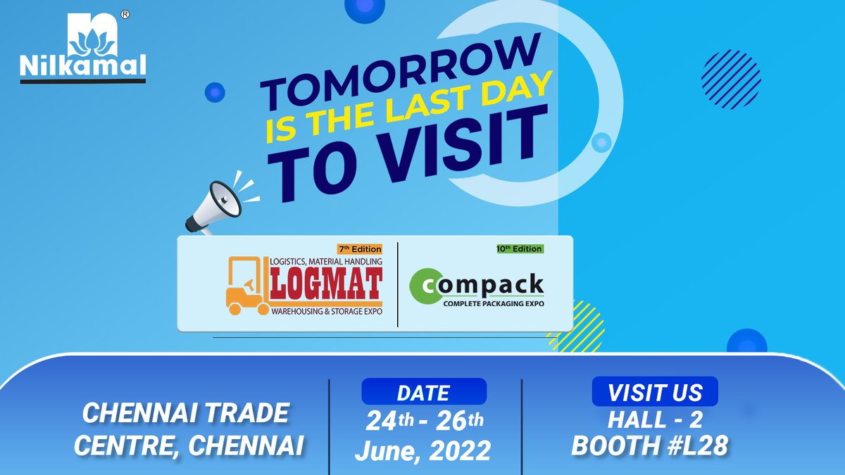 1 Day to go!!!

Nilkamal Material Handling is participating at the Logistics, Material Handling Warehousing & Storage Expo.

See you tomorrow!

#Nilkamal #MaterialHandling
#NilkamalMaterialHandling
#EmpoweringValueChain #Productivity
#Efficiency #ChennaiTradeCentre