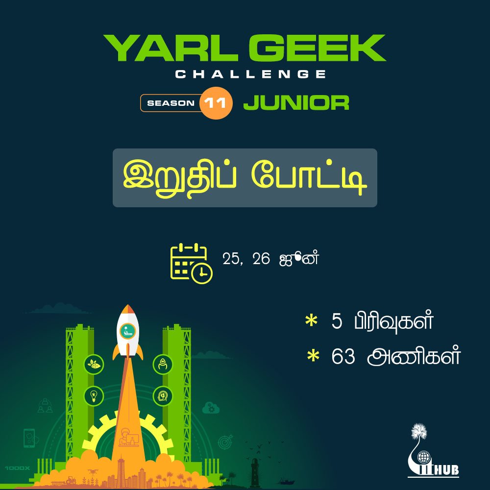 YarlITHub's tweet photo. Here you GO #YGC11 Finale!
63 Teams competing in 5 categories (Web, Mobile, Hardware, Innovation, Application of Science) in the #YGC Junior finale on 25th & 26th.
>>>> All are invited...!
#YarlITHub #YarlGeekChallenge #LKA #SriLanka #Northern #Jaffna #School #Students https://t.co/5PplSDa1qR