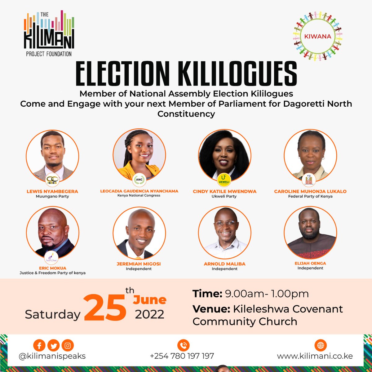 The long awaited debate for Member of National Assembly is on tomorrow.

Looking forward to hosting you together with our counter parts in Kileleshwa as we seek accountable leadership at ward & constituency level!

#ChambuaKiongozi
#Accountableleadership
#ElectionKE2022